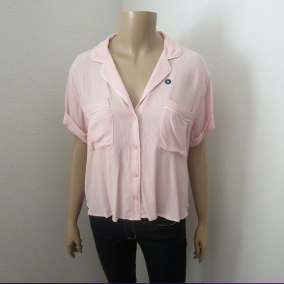 NWT Abercrombie Size Medium Pink Button Down Shirt Crop Top - Picture 1 of 6